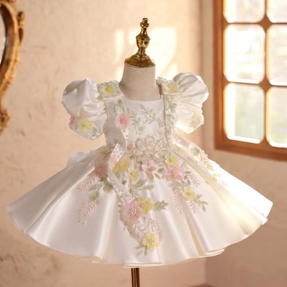 Satin & Embroidery Mesh Bow Rosette Short Sleeve Short Dresses - image 2