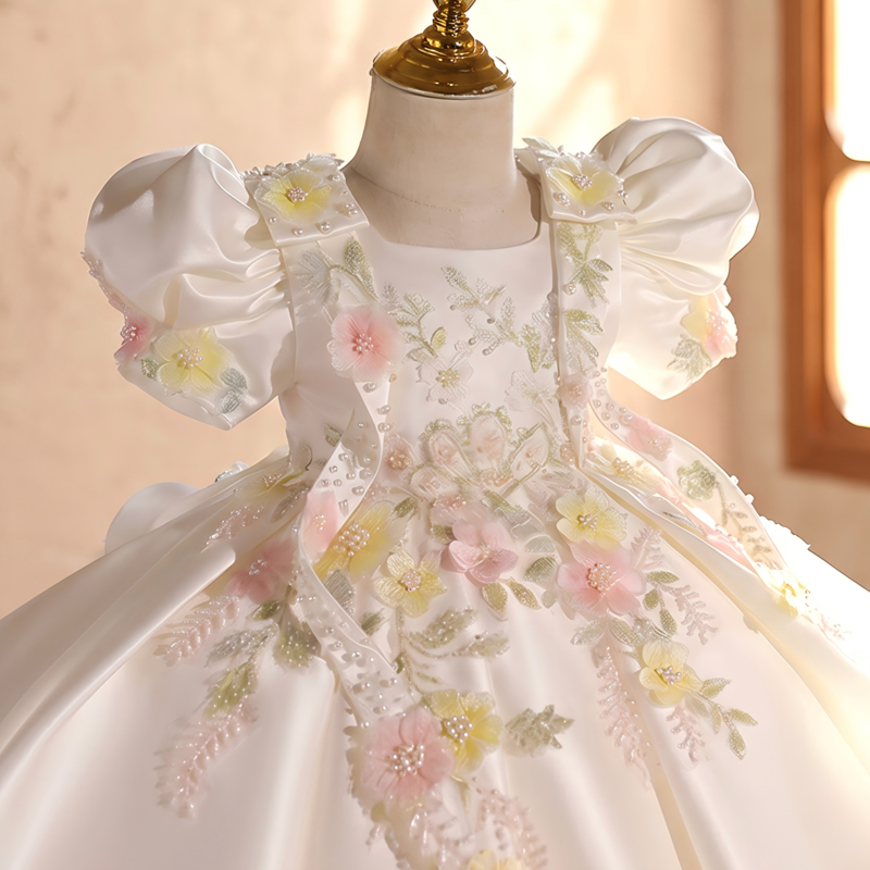 Satin & Embroidery Mesh Bow Rosette Short Sleeve Short Dresses - image 4