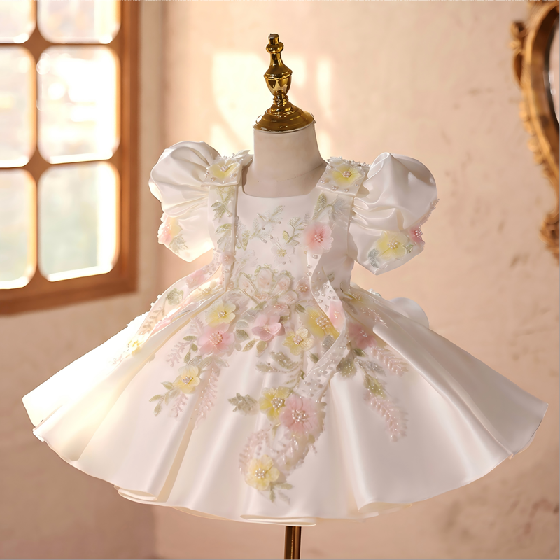 Satin & Embroidery Mesh Bow Rosette Short Sleeve Short Dresses - Beige - 15-16Y - image 1