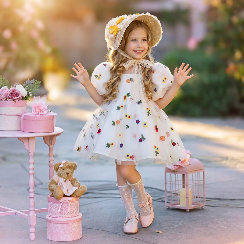 Satin Floral-embroidered Short Sleeve Midi Dresses - Beige - 5Y - image 1