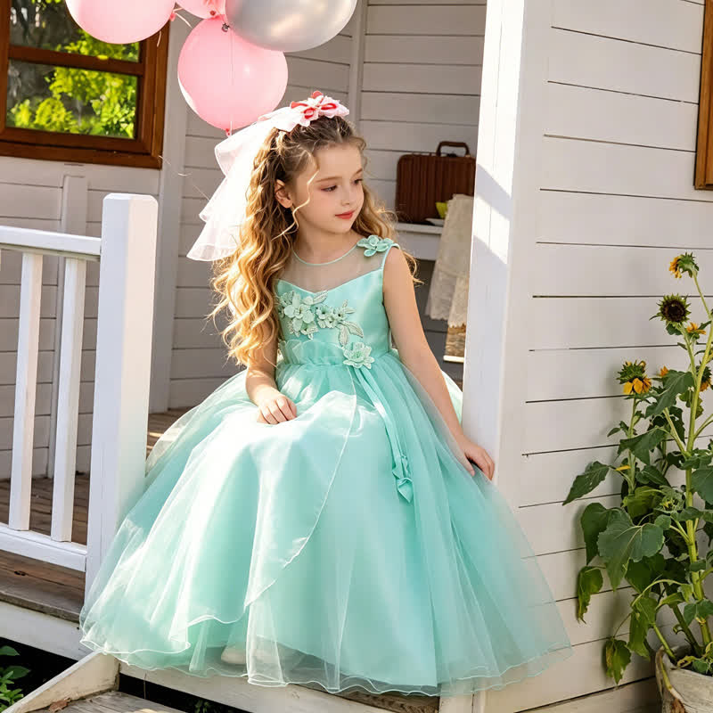 Organza Rosette Sleeveless Maxi Dresses - Cyan - 15-16Y - image 1