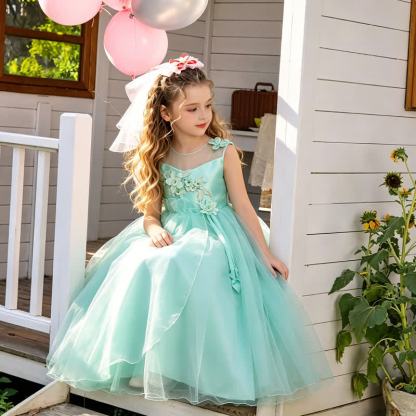 Organza Rosette Sleeveless Maxi Dresses - Cyan - 15-16Y - image 1