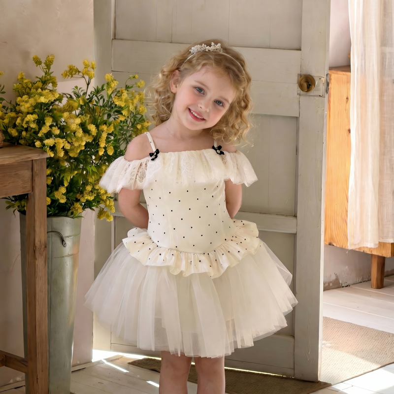 Mesh & Polyester Cotton Lace Edge Sleeveless Short Dresses - White - 13-14Y - image 1