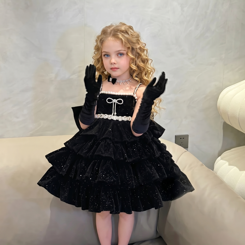 Velvet Bow  Pearl Sleeveless Short Dresses - image 2