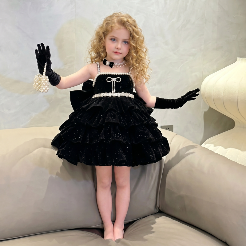 Velvet Bow  Pearl Sleeveless Short Dresses - image 3