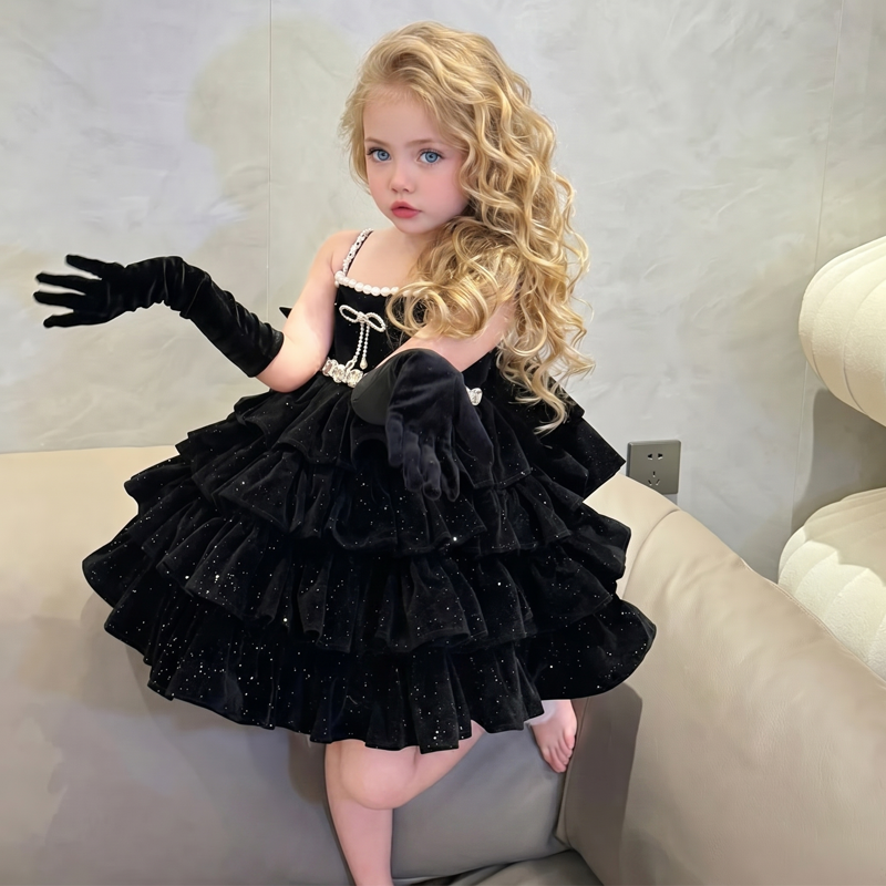 Velvet Bow  Pearl Sleeveless Short Dresses - Black - 15-16Y - image 1