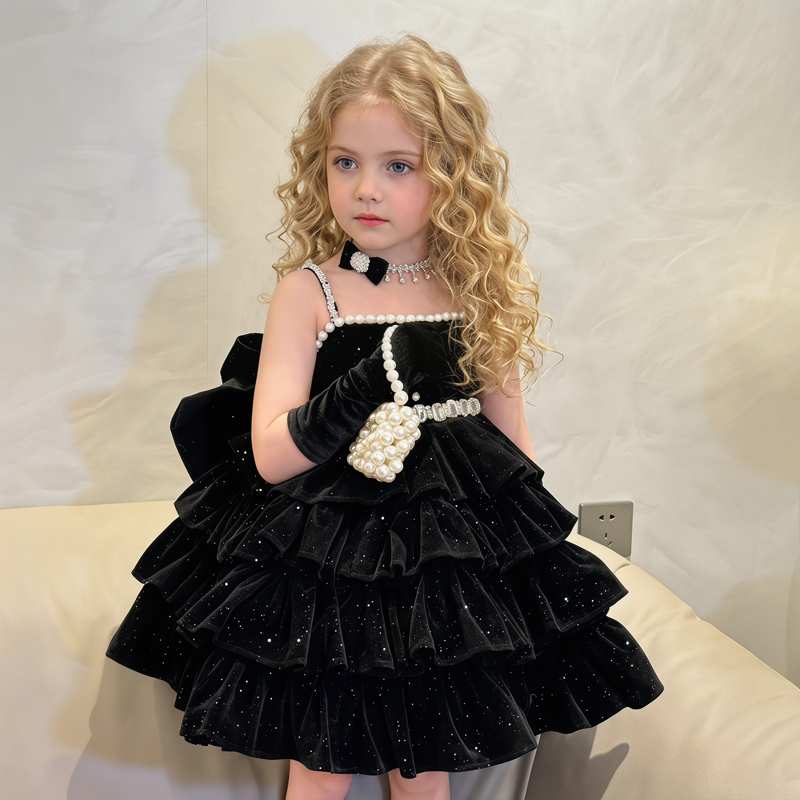 Velvet Bow  Pearl Sleeveless Short Dresses - image 4