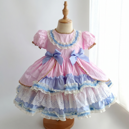 100% Cotton Bow  Lace Edge Short Sleeve Midi Dresses - Pink - 9-10Y - image 1