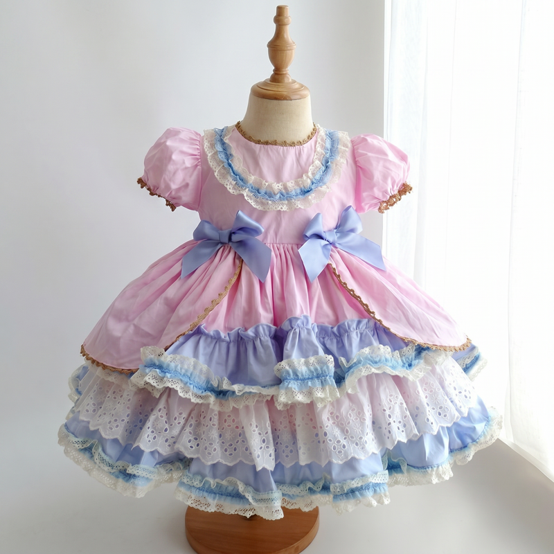 100% Cotton Bow  Lace Edge Short Sleeve Midi Dresses - Pink - 9-10Y - image 1