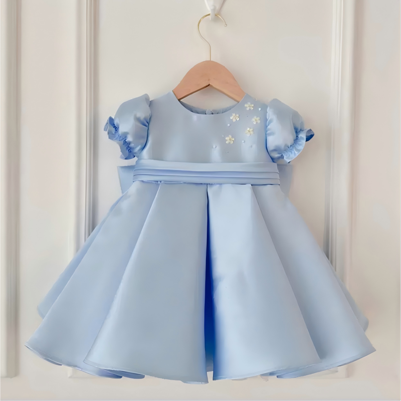 Satin Bow Short Sleeve Midi Dresses - Light Blue - 11-13Y - image 1