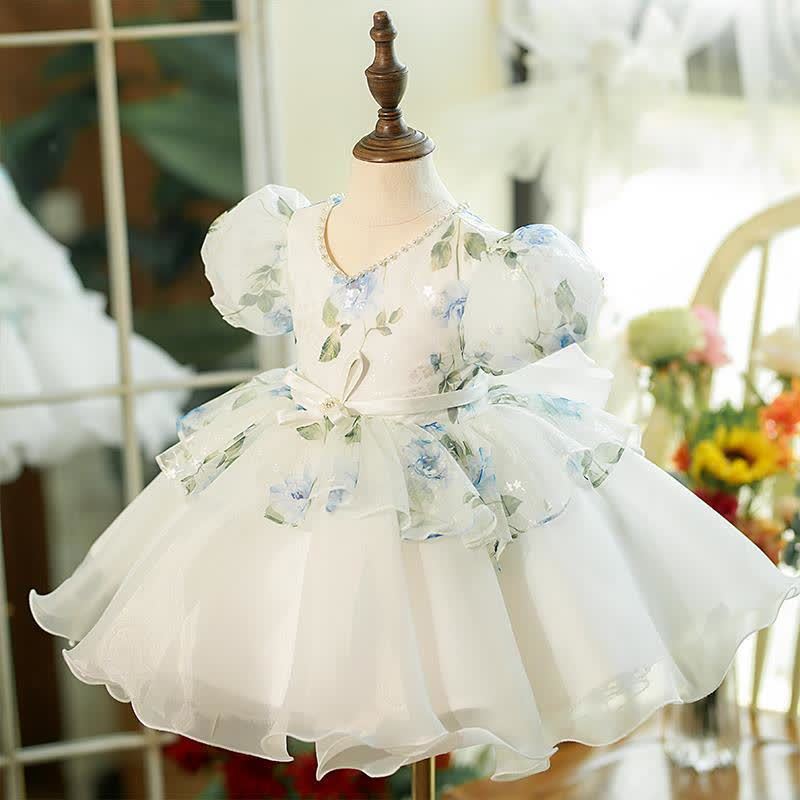 Organza Bow  Printing Short Sleeve Midi Dresses - White - 12-14Y - image 1
