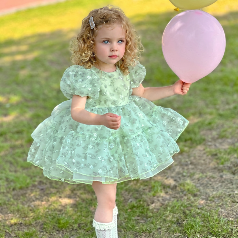 Organza Printing Short Sleeve Short Dresses - Mint - 8-9Y - image 1