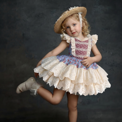 100% Cotton Stitching Lace Cap Sleeve Short Dresses - image 3
