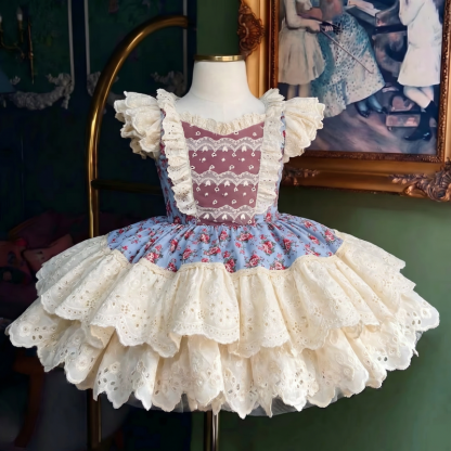 100% Cotton Stitching Lace Cap Sleeve Short Dresses - Cream - 5Y - image 1