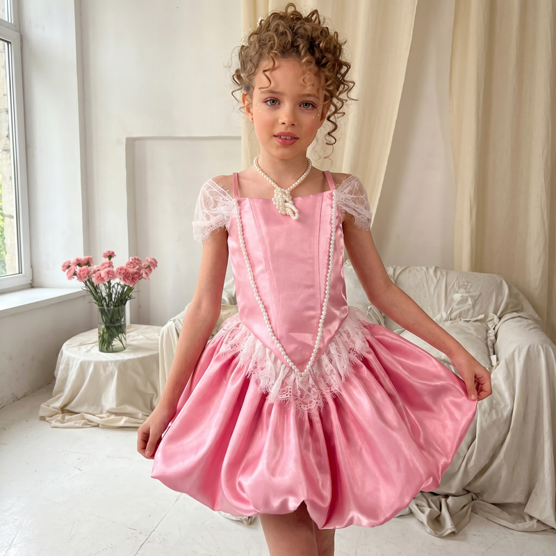 Chemical Fiber Blend Lace Edge Sleeveless Shorts Two-piece set - Pink - 7Y - image 1