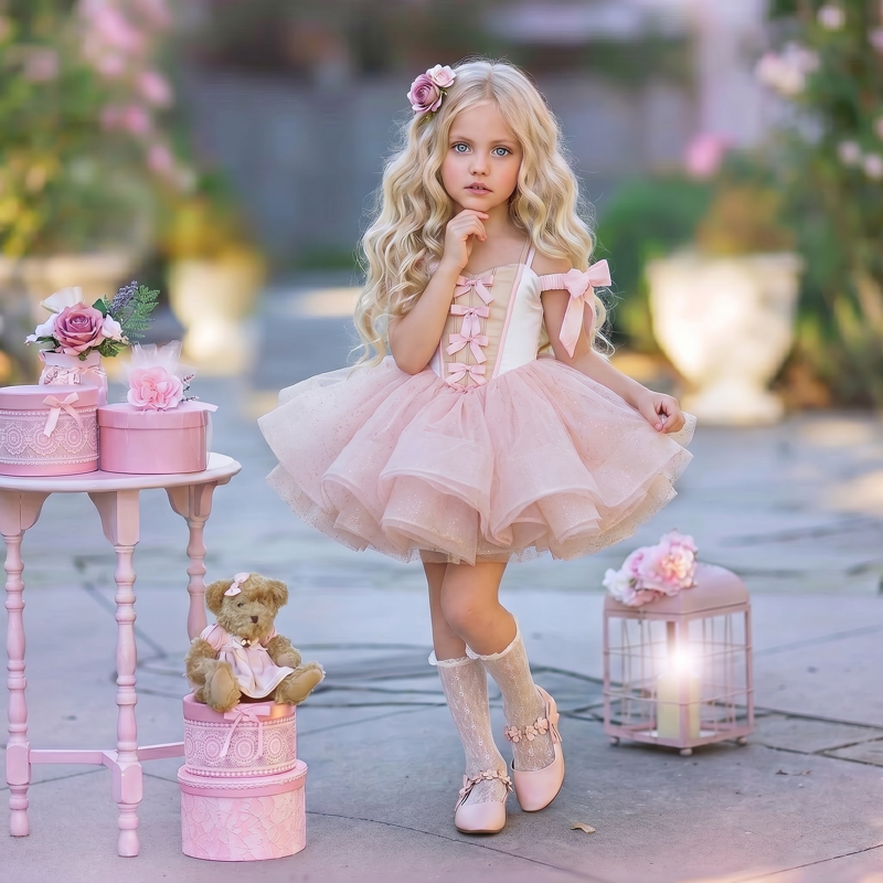 Chemical Fiber Blend Bow Sleeveless Midi Dresses - Light Pink - 7Y - image 1