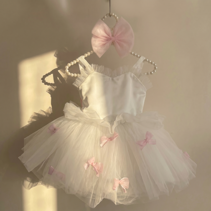 Mesh Bow Sleeveless Midi Dresses - White - 5Y - image 1