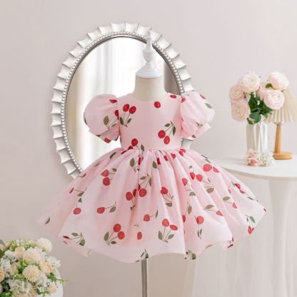 Organza Printing Short Sleeve Midi Dresses - Pink - 6-7Y - image 1