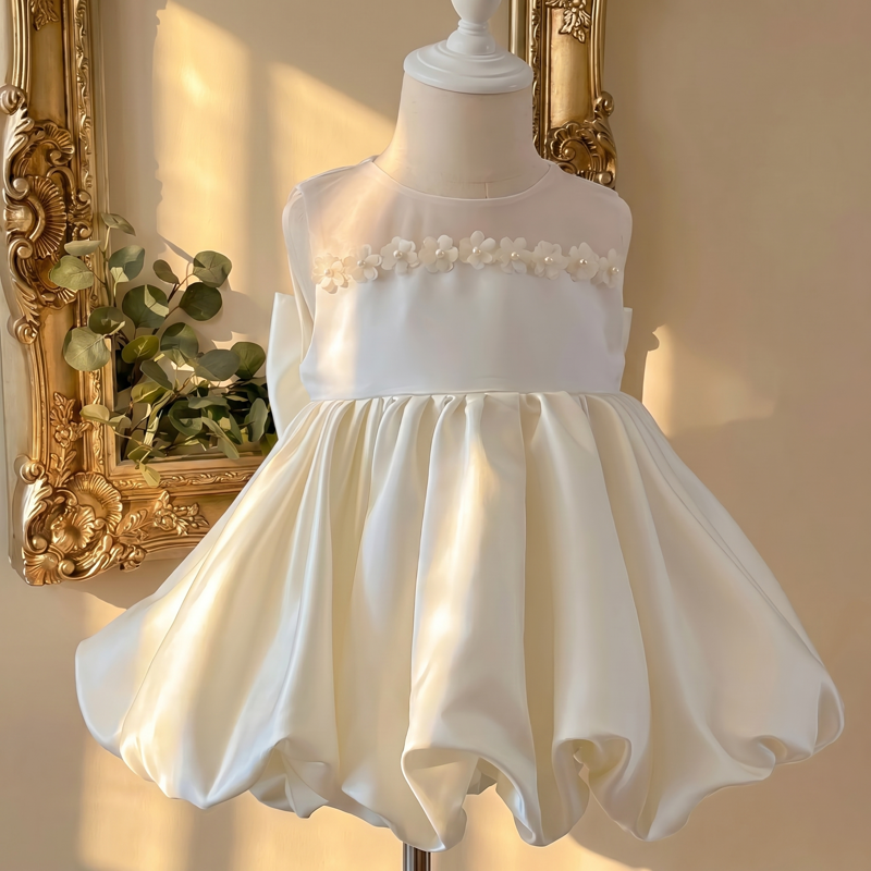 Satin Rosette Sleeveless Midi Dresses - Cream  - 13-14Y - image 1