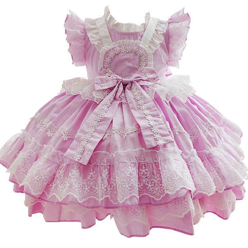 100% Cotton Lace Bow Sleeveless Midi Dresses - Light Purple - 6-7Y - image 1