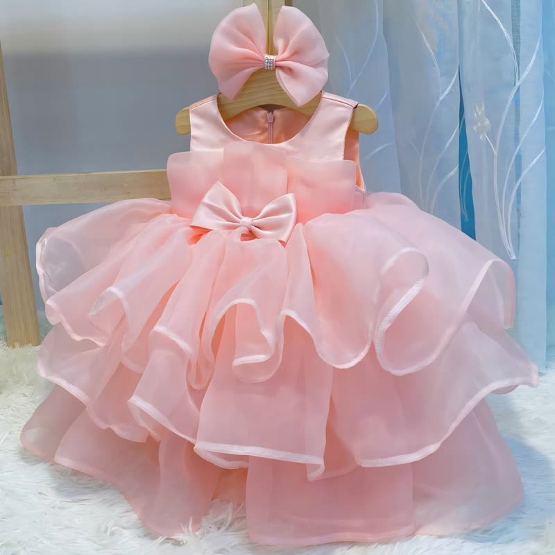 Organza Bow Sleeveless Midi Dresses - Pink - 13-14Y - image 1