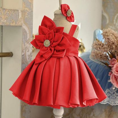 Satin Rosette Sleeveless Midi Dresses - Red - 15-16Y - image 5