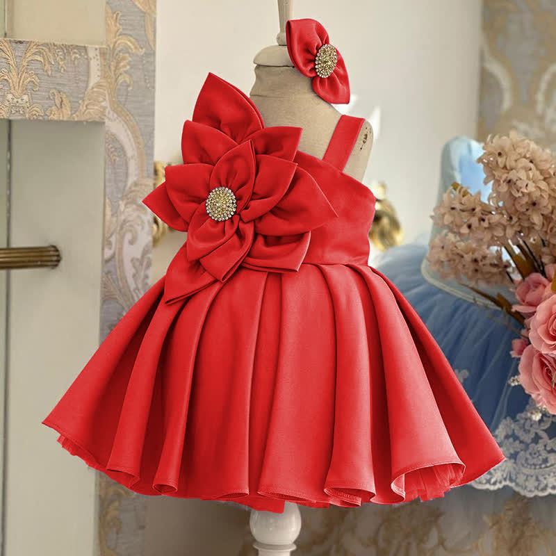 Satin Rosette Sleeveless Midi Dresses - Red - 15-16Y - image 5