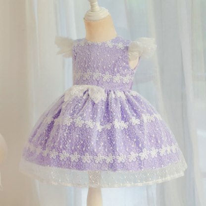 Lace Bow Cap Sleeve Midi Dresses - Purple - 9-10Y - image 1