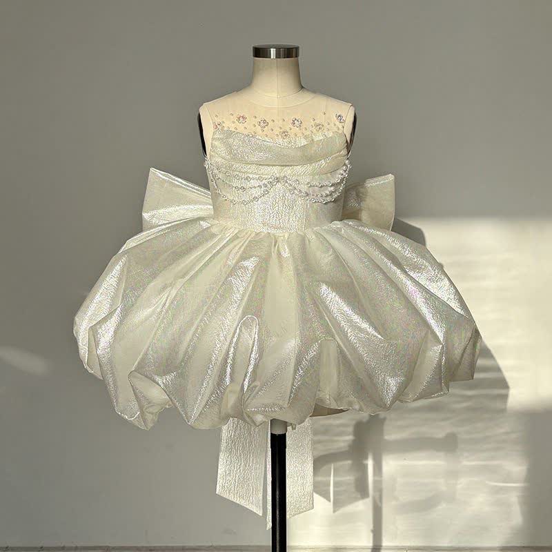 Chemical Fiber Blend Bow Sleeveless Midi Dresses - White - 9-11Y - image 1
