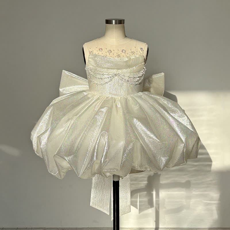 Chemical Fiber Blend Bow Sleeveless Midi Dresses - White - 9-11Y - image 1