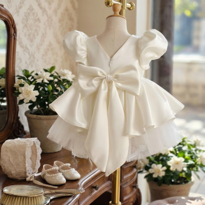 Satin Bow Short Sleeve Midi Dresses - Milky White - 12-14Y - image 1