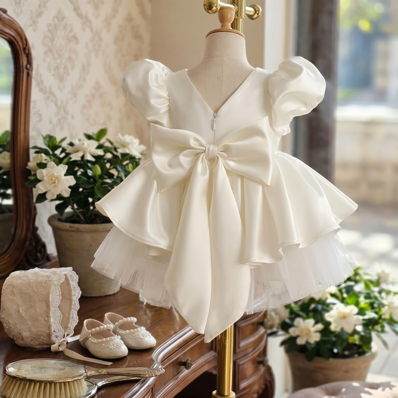 Satin Bow Short Sleeve Midi Dresses - Milky White - 12-14Y - image 1
