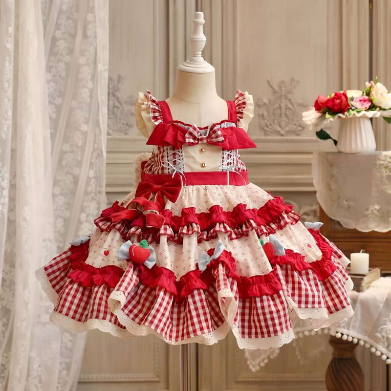 100% Cotton Bow  Lace Edge Sleeveless Short Dresses - Red - 13-14Y - image 1