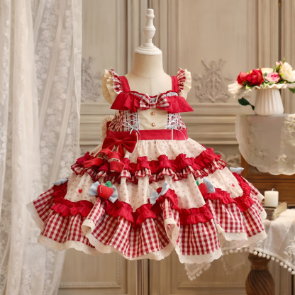 100% Cotton Bow  Lace Edge Sleeveless Short Dresses - Red - 13-14Y - image 1