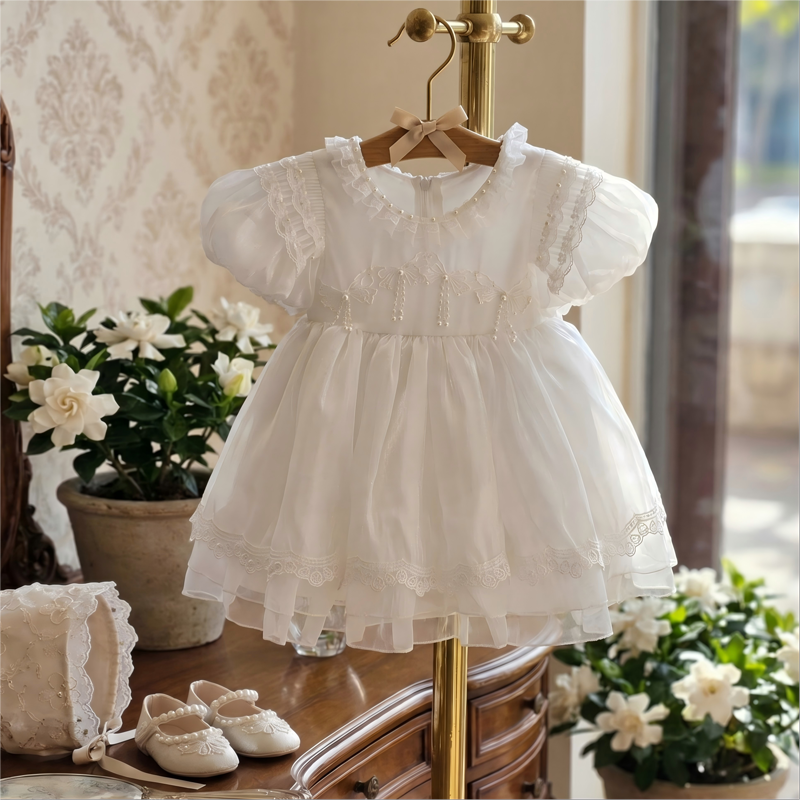 Organza Lace Edge Short Sleeve Midi Dresses - White - 10-11Y - image 1