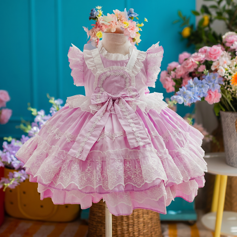 100% Cotton Lace Bow Sleeveless Midi Dresses - Light Purple - 6-7Y - image 1
