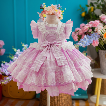 100% Cotton Lace Bow Sleeveless Midi Dresses - Light Purple - 6-7Y - image 1