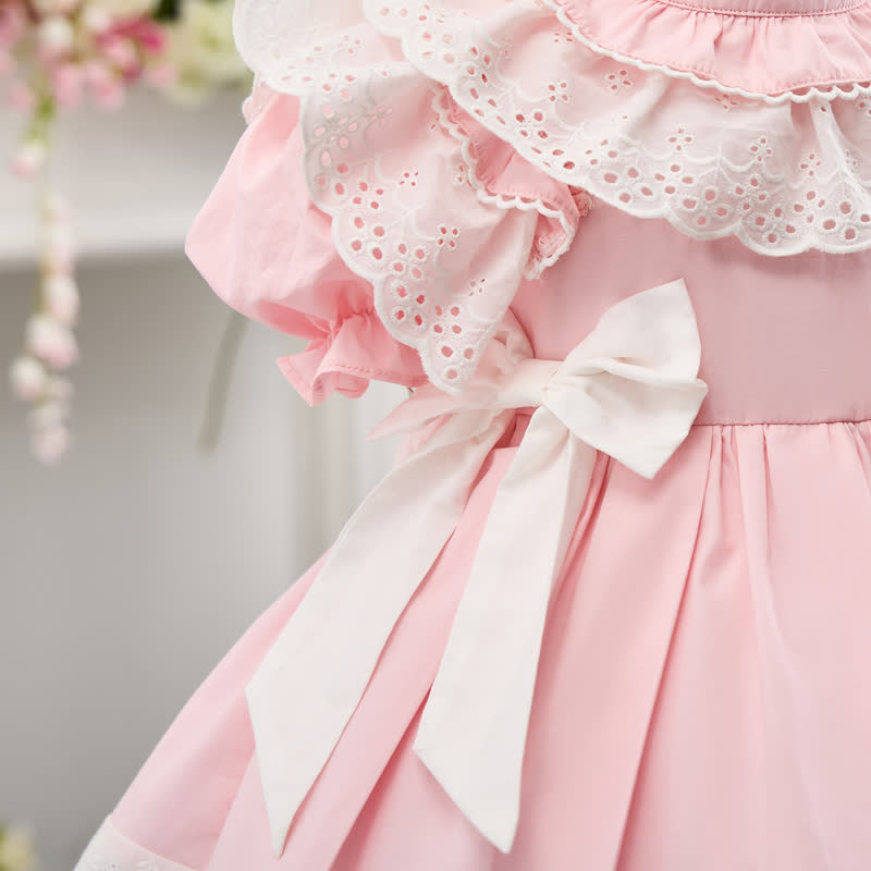 100% Cotton Bow Stitching Lace Short Sleeve Short Dresses - image 10