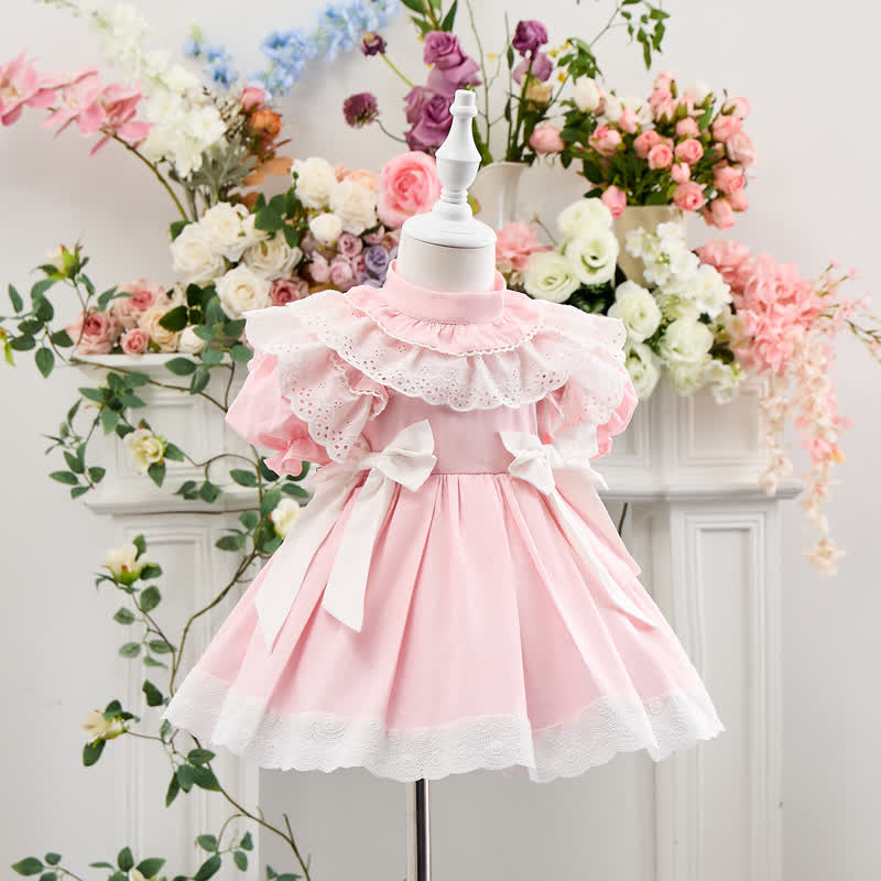 100% Cotton Bow Stitching Lace Short Sleeve Short Dresses - image 6