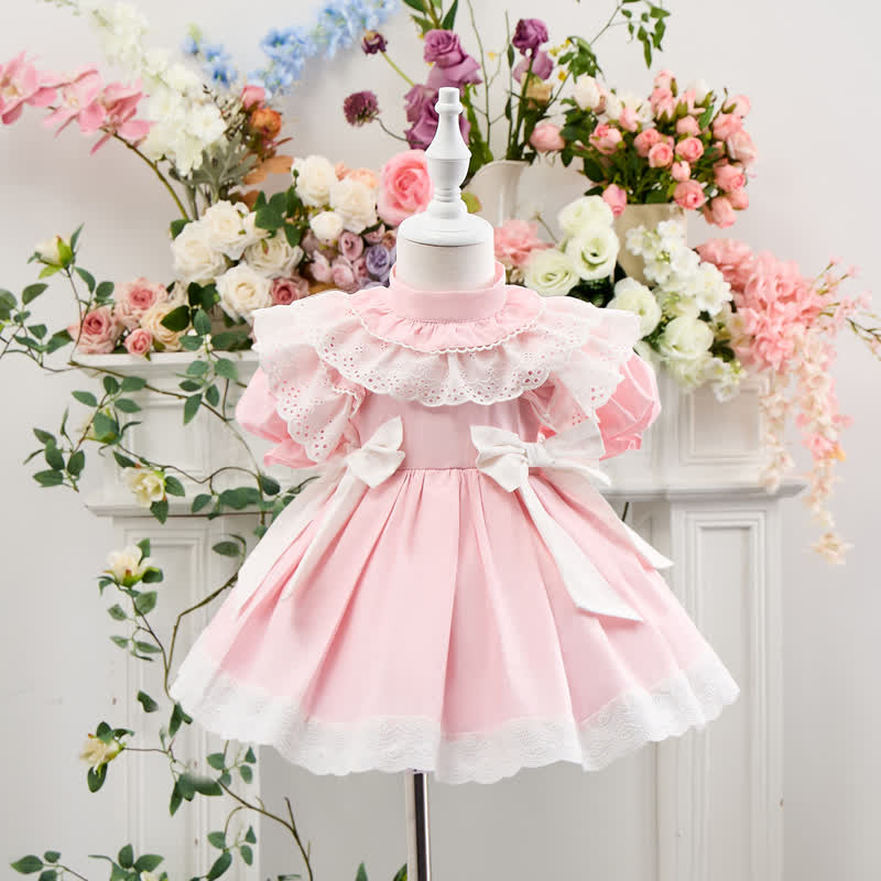 100% Cotton Bow Stitching Lace Short Sleeve Short Dresses - image 5