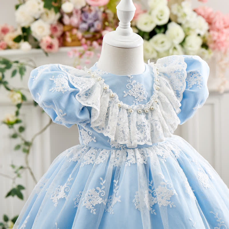 Satin & Mesh Pearl Lace Edge Short Sleeve Midi Dresses - image 11