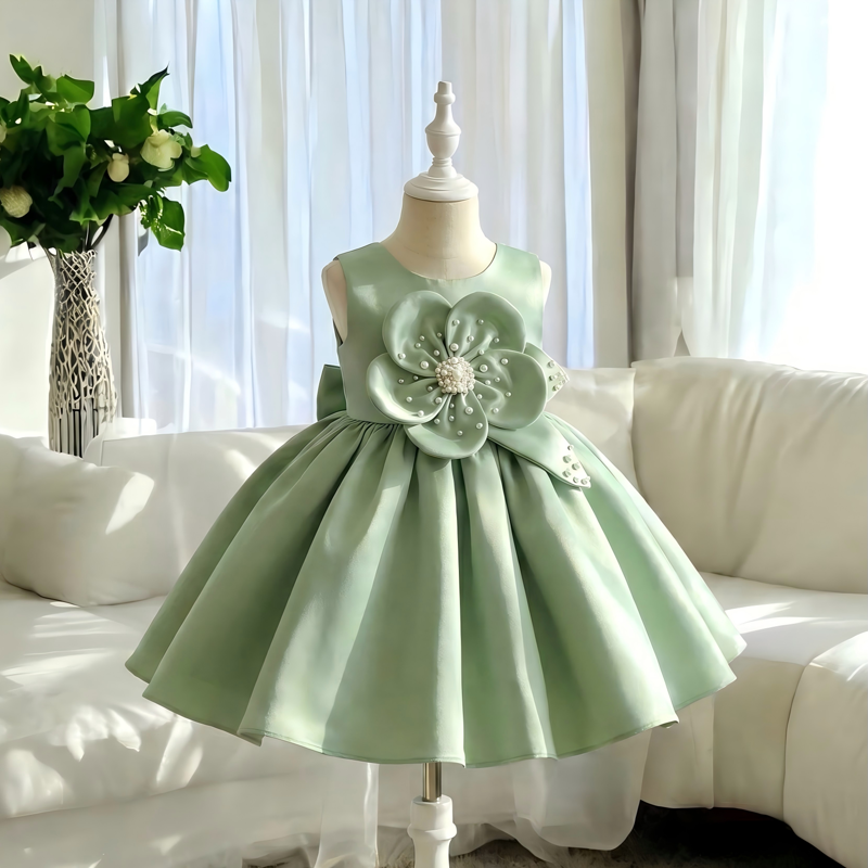 Satin Rosette Sleeveless Midi Dresses - Light Green - 5-6Y - image 5