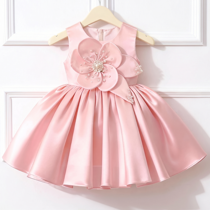 Satin Rosette Sleeveless Midi Dresses - Pink - 5-6Y - image 1