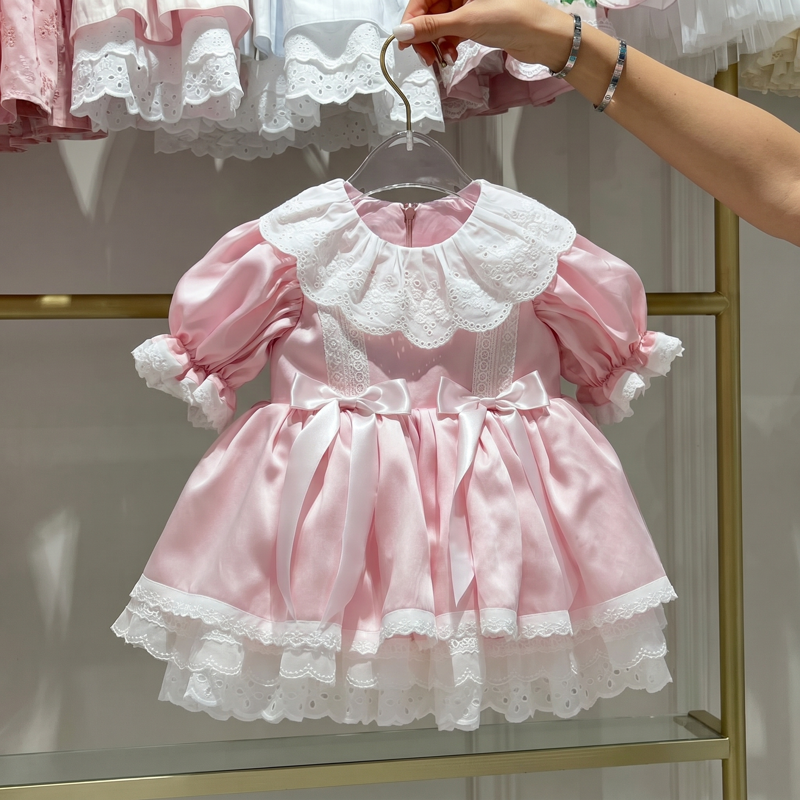 100% Cotton Bow Short Sleeve Midi Dresses - Pink - 4Y - image 1