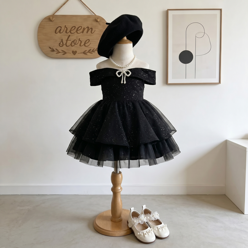 Mesh Glitter Sleeveless Midi Dresses - Black - 7-9Y - image 1