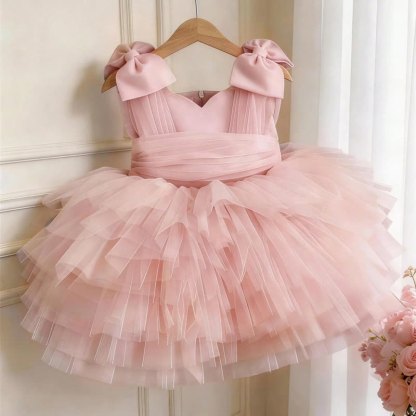 Mesh Tiered Sleeveless Midi Dresses - Pink - 4Y - image 1