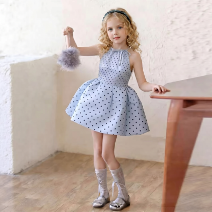 100% Cotton Bow Sleeveless Short Dresses - Sky Blue - 7-9Y - image 1