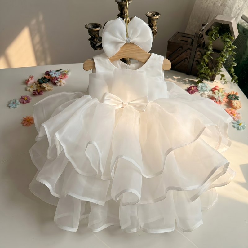 Organza Bow Sleeveless Midi Dresses - White - 13-14Y - image 1