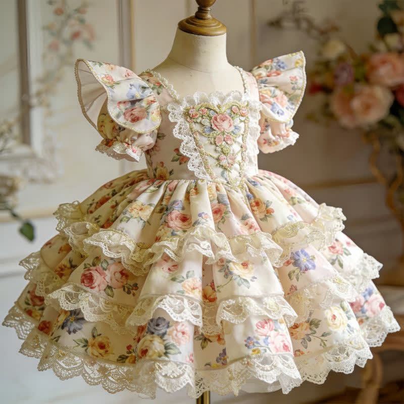 Polyester Cotton Lace Edge Short Sleeve Short Dresses - Apricot - 9-11Y - image 1