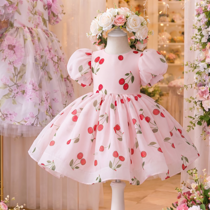 Organza Printing Short Sleeve Midi Dresses - Pink - 6-7Y - image 1